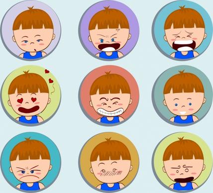 boy emotional faces icons collection round isolation