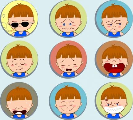 boy emotional icons collection cute cartoon design
