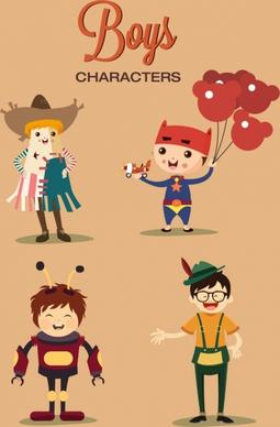 boys characters icons cute colored cartoon design