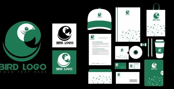 brand identity sets green bird logo design