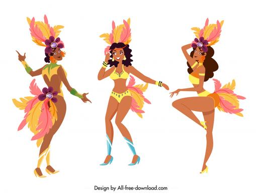 brazil carnival dancers icons funny cartoon characters sketch 