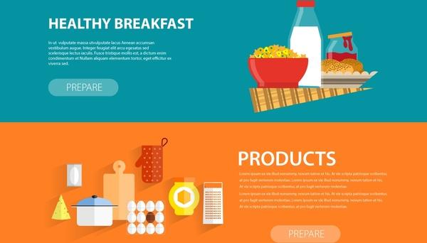 breakfast and meal preparation banners with webpage style