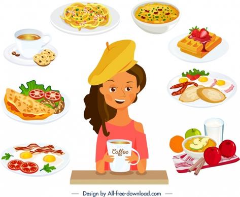 breakfast background young girl cuisines icons decor