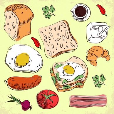 breakfast design elements various colored icons handdrawn outline