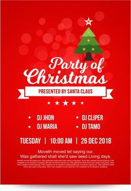 bright red christmas party invitation card with decorated christmas tree and soft lights in background