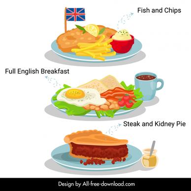 british cuisine icons colorful classical sketch