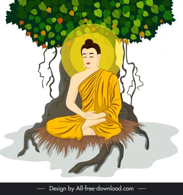 buddha meditating under bodhi tree icon elegant cartoon design