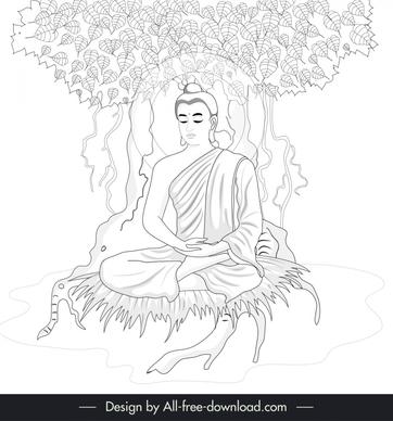buddha meditating under bodhi tree painting black white handdrawn outline
