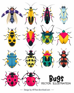 bugs insects icons colorful symmetric design