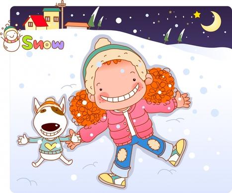 childhood background winter theme joyful girl cartoon design