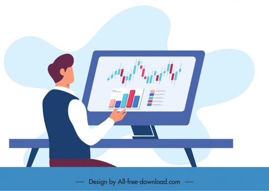business man icon computer screen trading charts decor cartoon sketch
