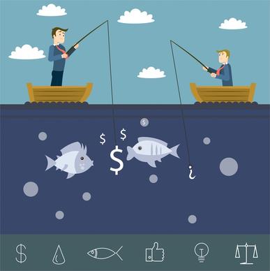businessman marketing illustration with businessmen competing in fishing