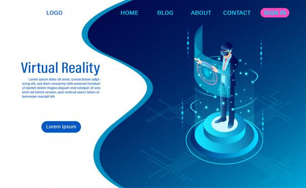 businessman wearing goggle vr with touching interface into virtual reality world future technology flat isometric web header template flat isometric vector illustration