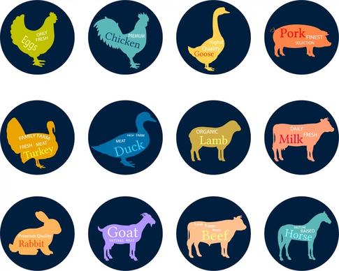 butchery labels isolated with various animals silhouettes tyles