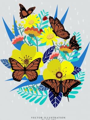 butterflies background colorful flowers icons decoration