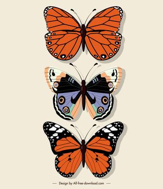 butterflies icons colored flat sketch symmetric decor