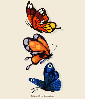 butterflies icons dynamic flying sketch colorful design
