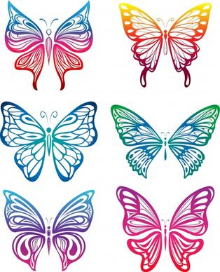 butterfly icons colorful symmetric flat sketch