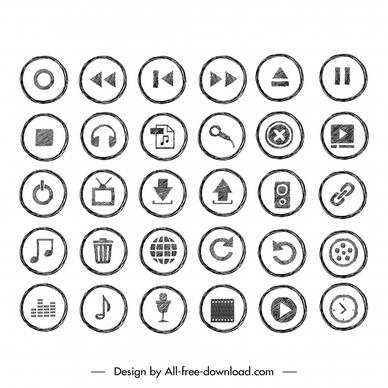 button doodle icons sets flat black white classical circle shapes