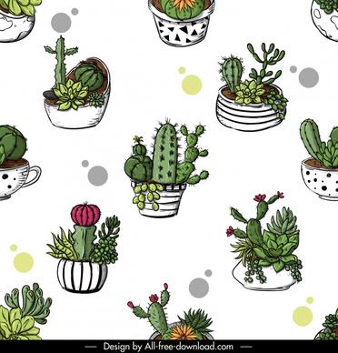 cacti pots pattern bright colored classic handdrawn sketch
