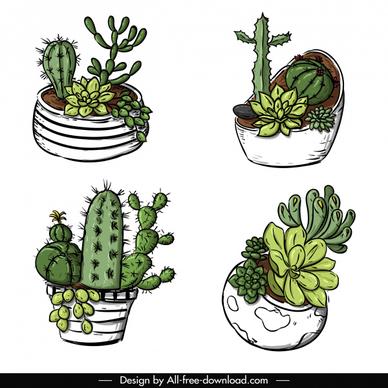 cactus pot icons classic handdrawn sketch