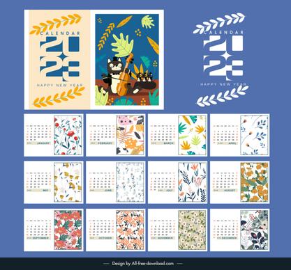 calendar 2023 backdrop template bright classic flowers stylized animals sketch