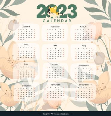 calendar 2023 background template elegant classic blurred flowers kitty sketch
