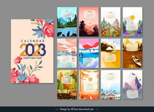 calendar 2023 background templates elegant nature landscape sketch colorful classic design 