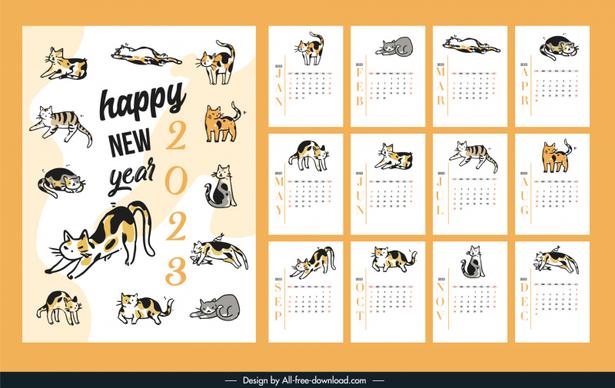calendar 2023 template classical handdrawn cats species sketch