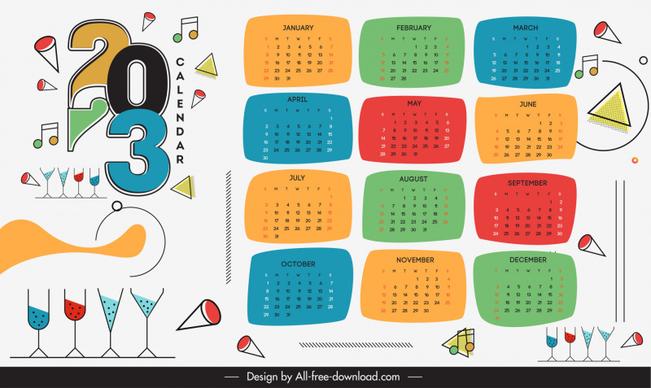 calendar 2023 template colorful flat dynamic handdrawn event elements sketch