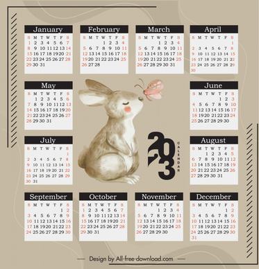 calendar 2023 template cute bunny butterfly sketch