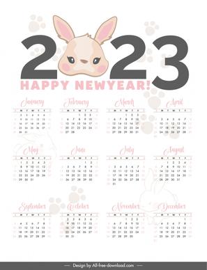 calendar 2023 template cute cartoon bunny sketch paws decor