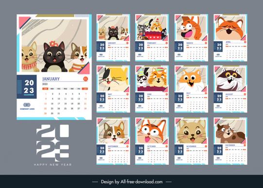 calendar 2023 template cute dynamic cartoon cats sketch