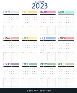 calendar 2023 template elegant text box sketch modern colorful decor