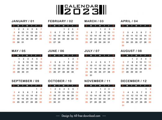calendar 2023 template flat black white simple plain design