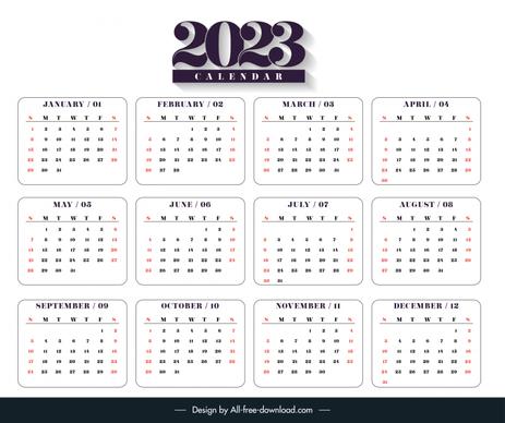 calendar 2023 template flat plain isolated frame texts design 