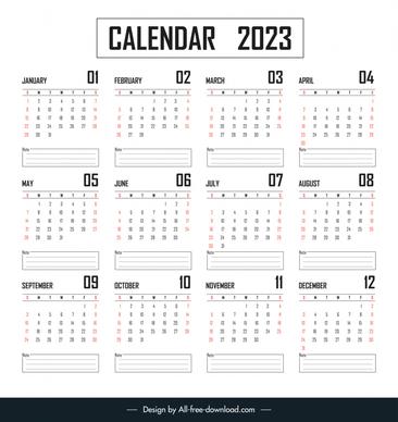 calendar 2023 template flat simple black white flat texts frame decor