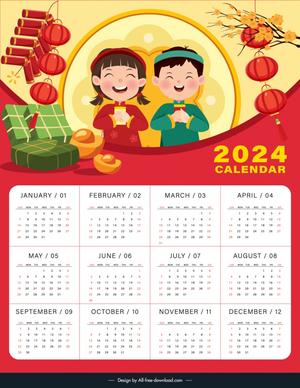 calendar 2024 template cute cartoon children wishing for tet