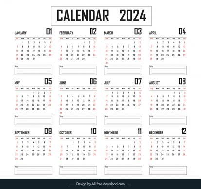 calendar 2024 template flat simple black white 