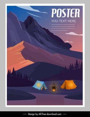 camping activity poster mountain scene sketch colorful design