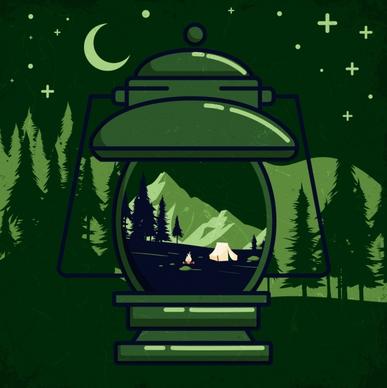 camping background green design lamp tent mountain icons