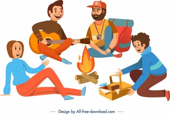 camping background joyful people campfire icons cartoon design