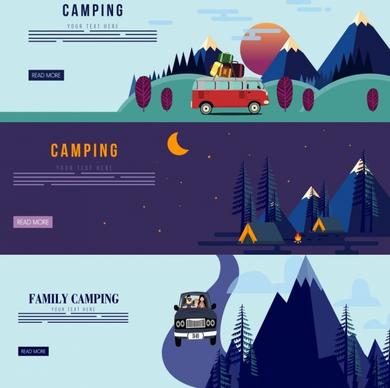 camping banner sets mountain tents driving car icons