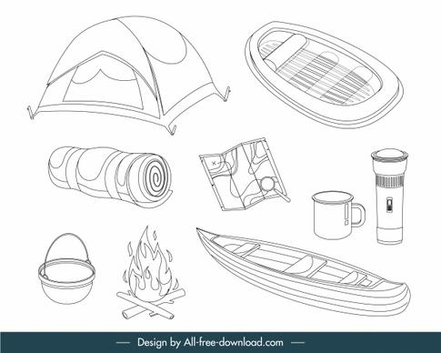 camping design elements objects sketch black white handdrawn