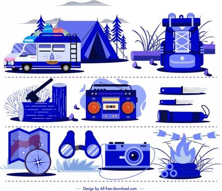 camping design elements personal utensils icons blue sketch