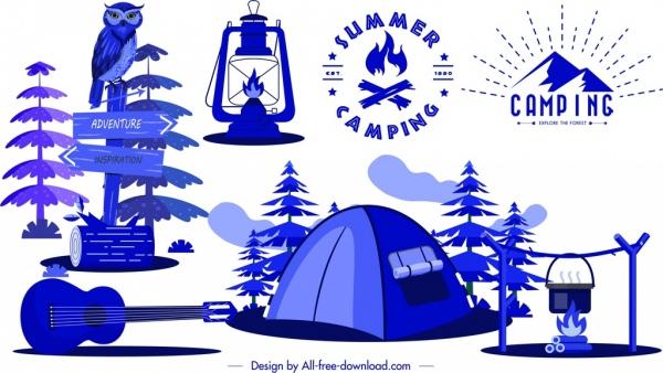 camping design elements tent guitar campfire lamp sketch