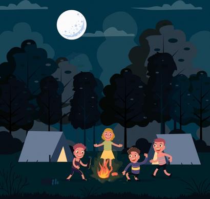 camping drawing joyful children night moon cartoon design
