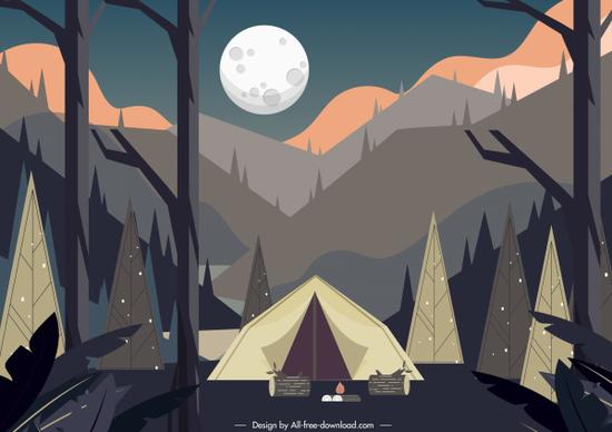 camping painting mountain scene tent sketch classic design