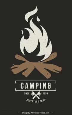 camping poster template flaming wood sketch dark retro