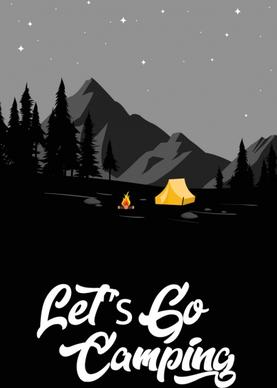 camping trip banner tent campfire night stars icons